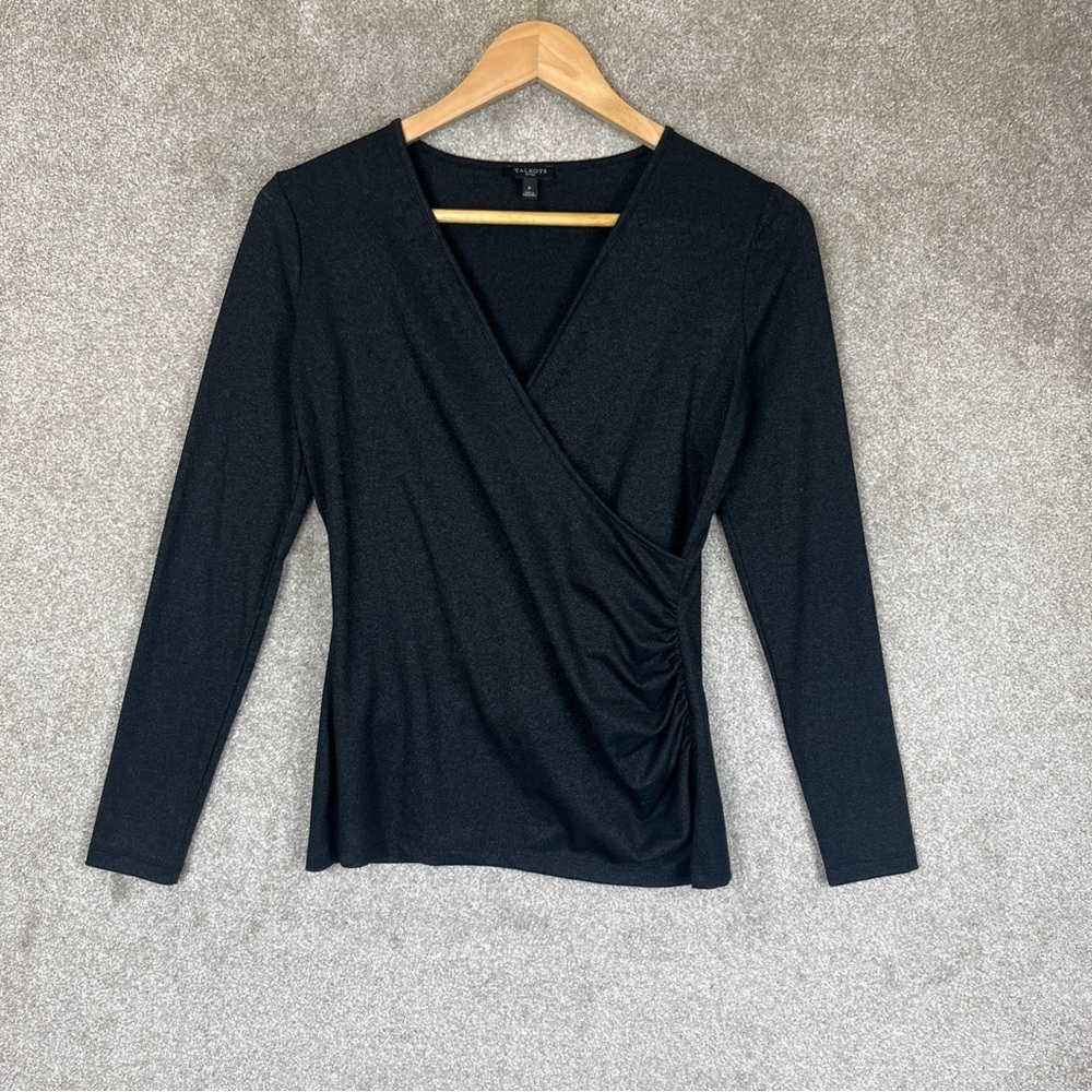 Talbots Shirt Womens P Petite Black Metallic Long Sleeve Pullover Stretch- 3409*